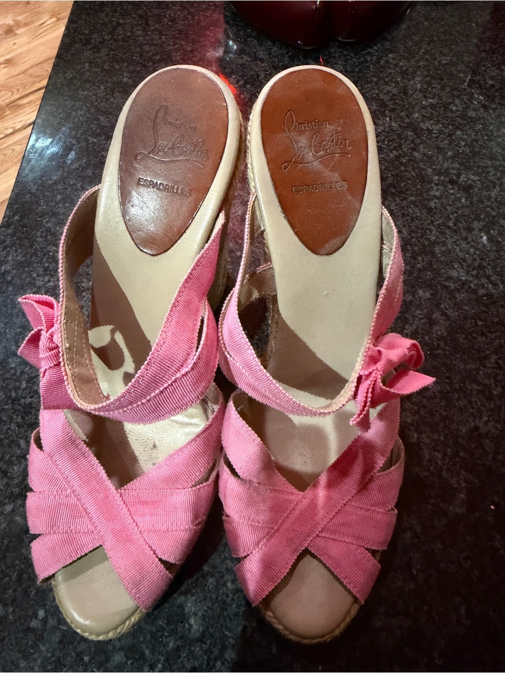 Christian Louboutin Pink Canvas Espadrille Wedges with Slingback Tie